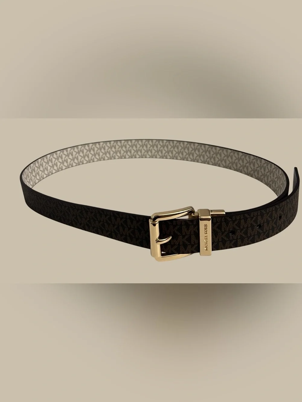 Michael Kors Reversible Logo Belt in Brown and Beige with Gold Buckle